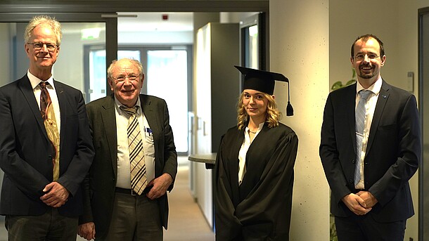 Dissertation Defense Selina Raumel, from the left: Prof. Dr.-Ing. Stephan Kabelac; Prof. Dr.-Ing. Gerhard Poll; Selina Raumel; Prof. Dr.-Ing. Marc Wurz
